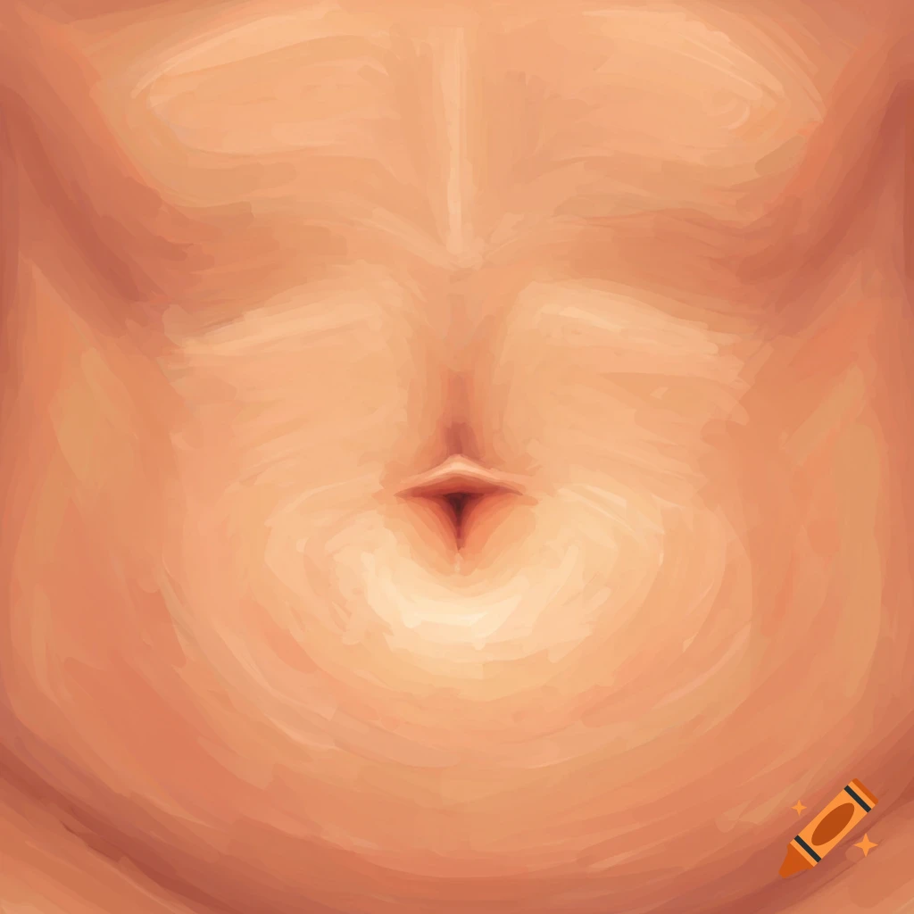 A stylized illustration of a human belly button in warm skin tones with visible brushstrokes.