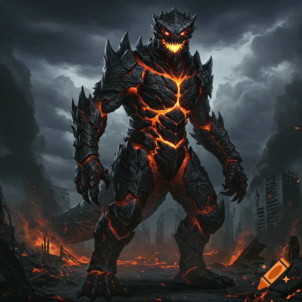 A powerful black Kaiju monster with glowing orange lava cracks stands in a destroyed, burning city under a dark, stormy sky.