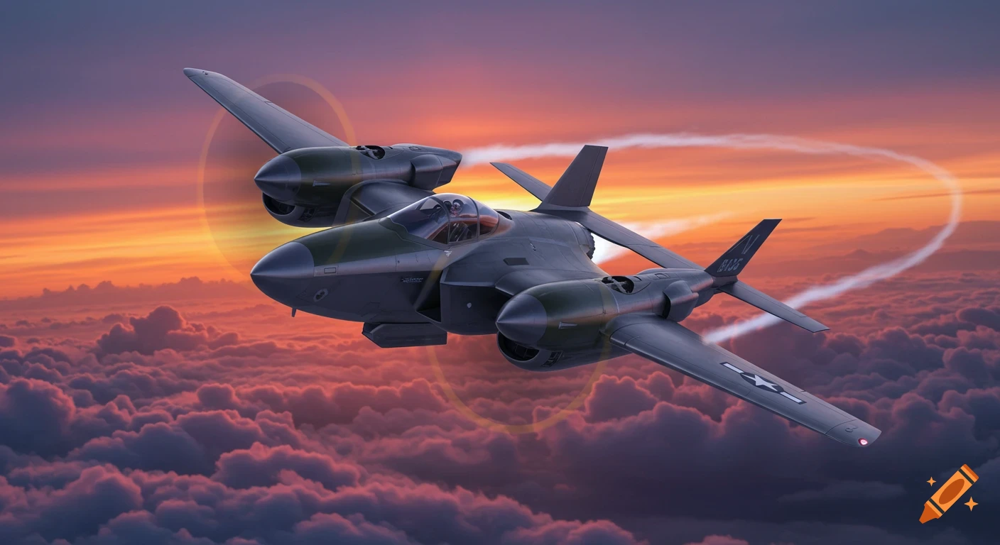 A futuristic hybrid aircraft with P-38 and F-35 elements flies above clouds against a dramatic orange and purple sunset.
