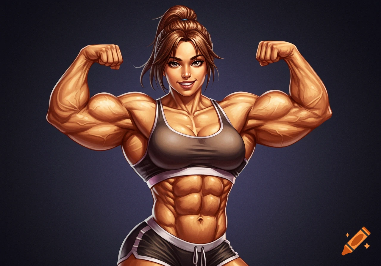 A smiling, highly muscular female bodybuilder flexes her biceps, showing her strong physique in a stylized illustration.