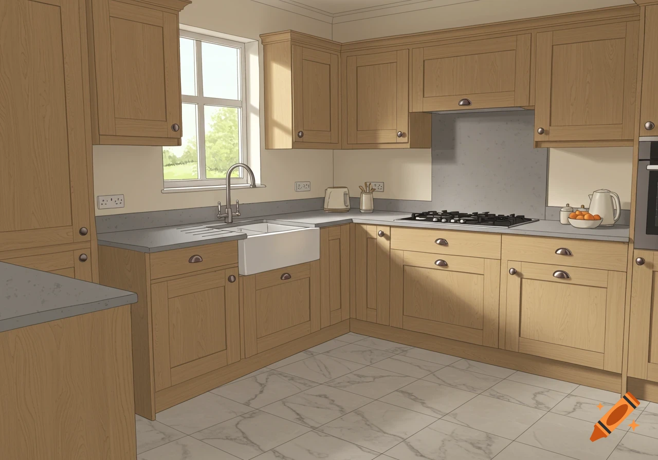 A well-lit kitchen with light wood oak-style cabinets, a gray countertop, a white farmhouse sink, and white marble floor tiles.