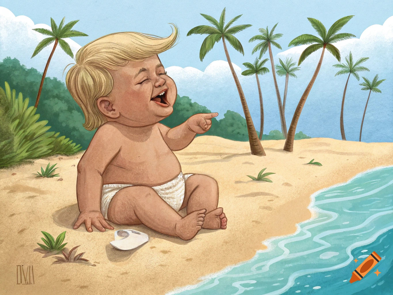 A cartoon baby resembling Donald Trump, with blonde hair and a diaper, laughs and points on a sandy beach with palm trees and ocean water.
