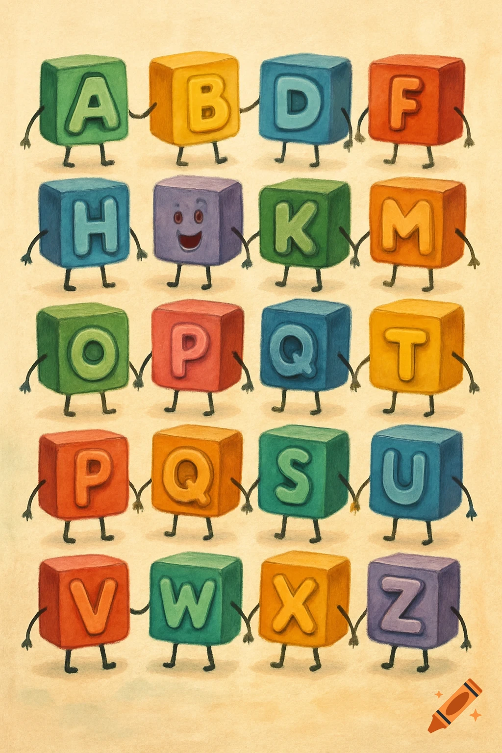 A whimsical illustration of colorful alphabet blocks with tiny arms and legs, holding hands in rows.