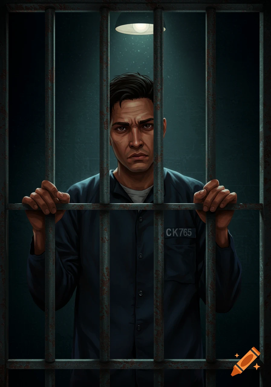 An illustrated portrait of a somber man in a dark blue prison uniform looking out from behind rusty prison bars.