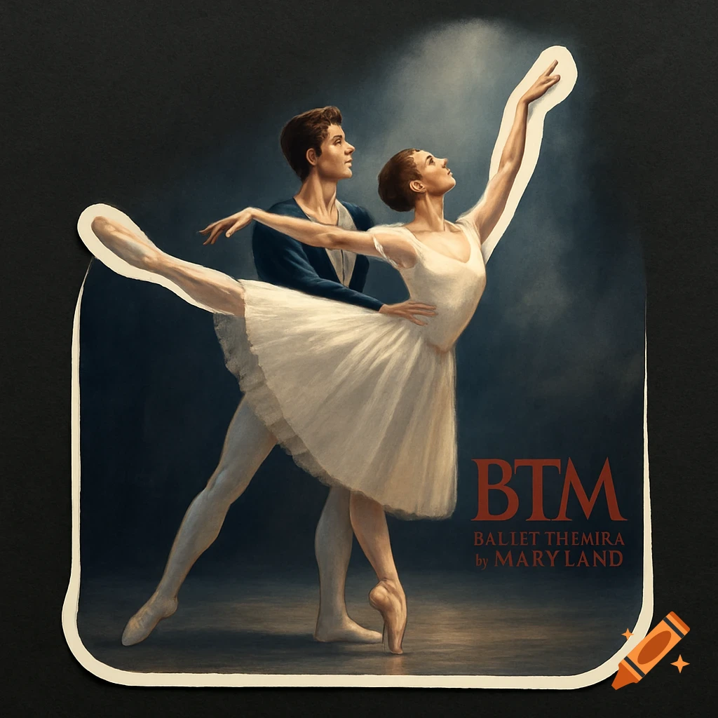 A die-cut graphic of two ballet dancers, a man and a woman in a graceful arabesque pose, highlighted by a spotlight.