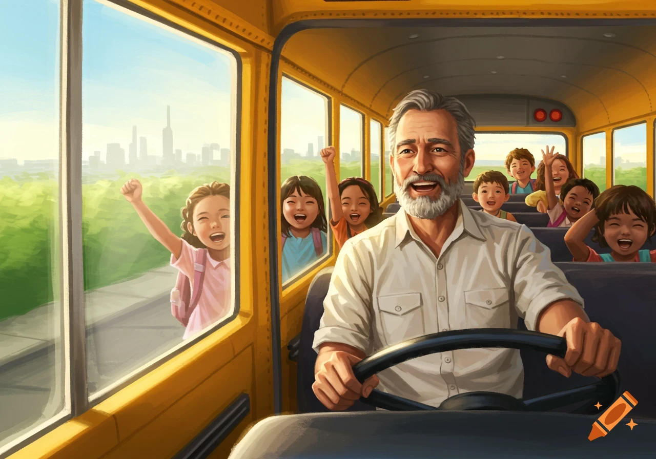An illustration of a happy bus driver and cheerful children waving from the windows of a yellow school bus, with a city skyline in the background.