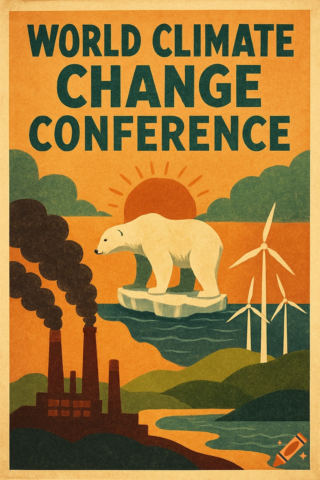 A retro poster for the World Climate Change Conference, featuring a polar bear on melting ice, smoking factories, wind turbines, and a sunrise.