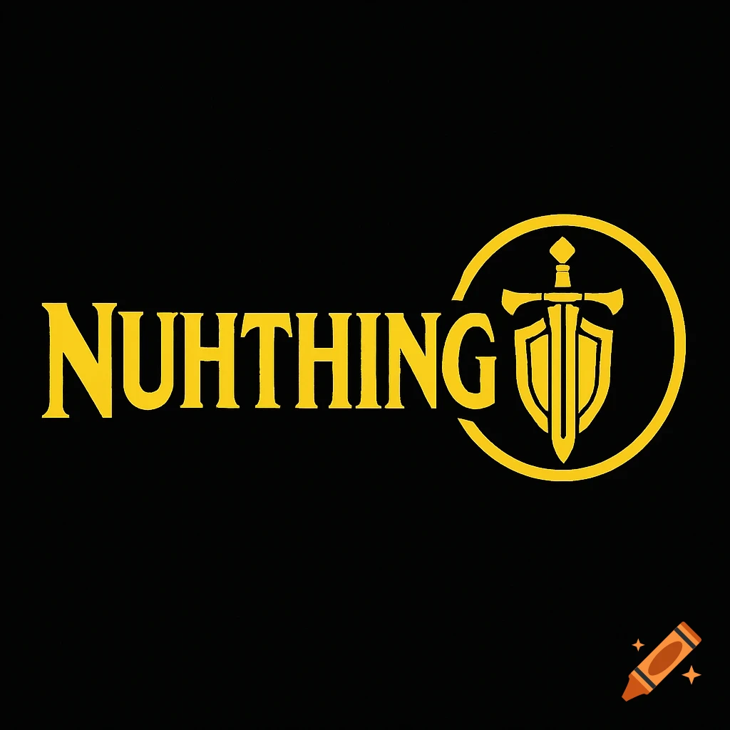 A yellow logo on a black background featuring the word NUHTHING next to a circular emblem with a sword and shield.