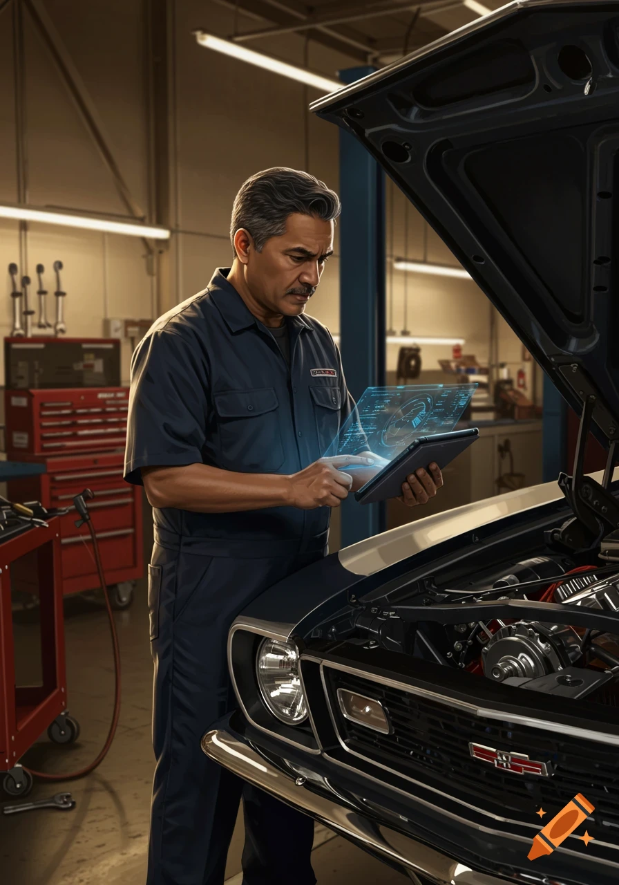 A man in a mechanic's uniform uses a tablet with a holographic display to monitor a car's engine in a garage.