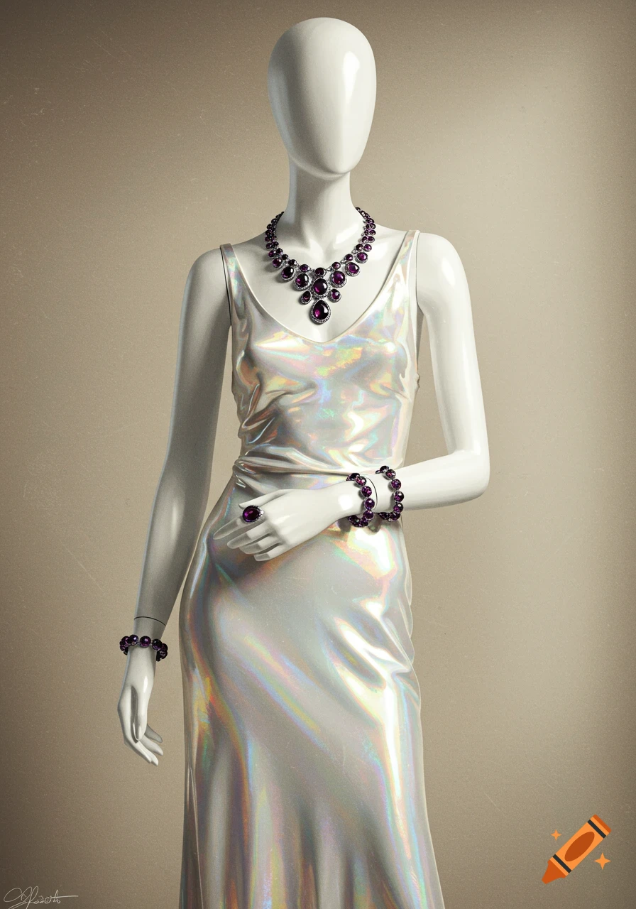 A white mannequin modeling a flowing iridescent white dress with a necklace, ring, and bracelets featuring dark purple gems.
