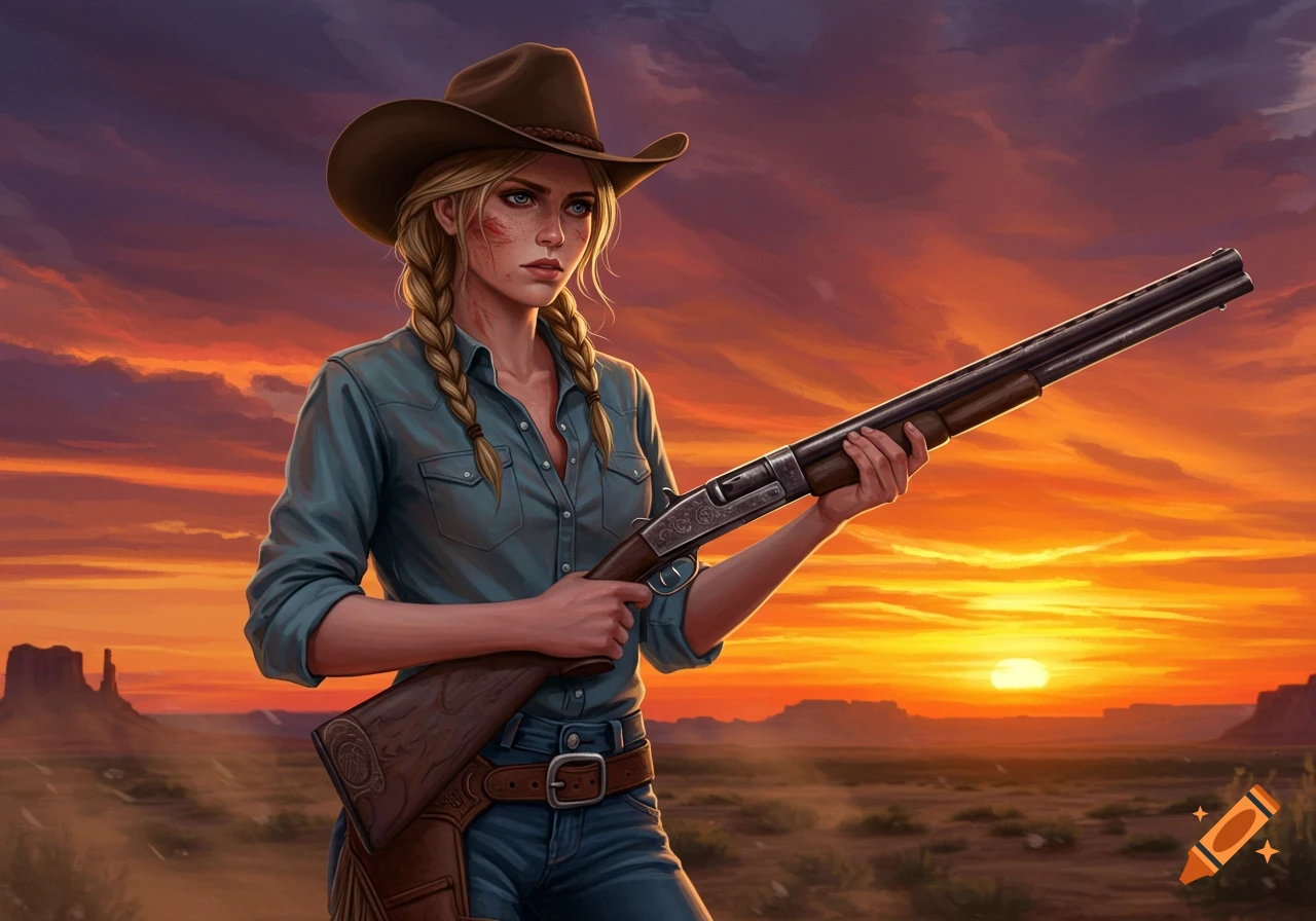 A determined cowgirl with braided hair and a cowboy hat holds a shotgun against a vibrant desert sunset.