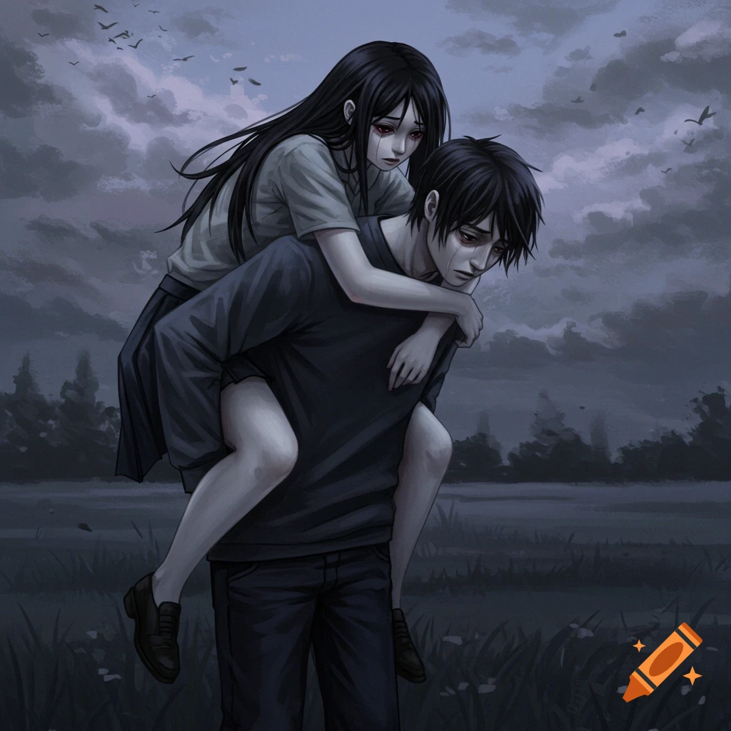 A digital illustration of a sad-faced man carrying a sad-faced woman on his back under a dark, cloudy sky.