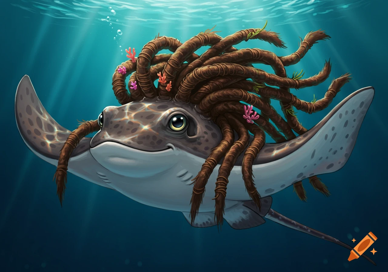 A friendly cartoon stingray with brown dreadlocks and small corals swimming underwater.