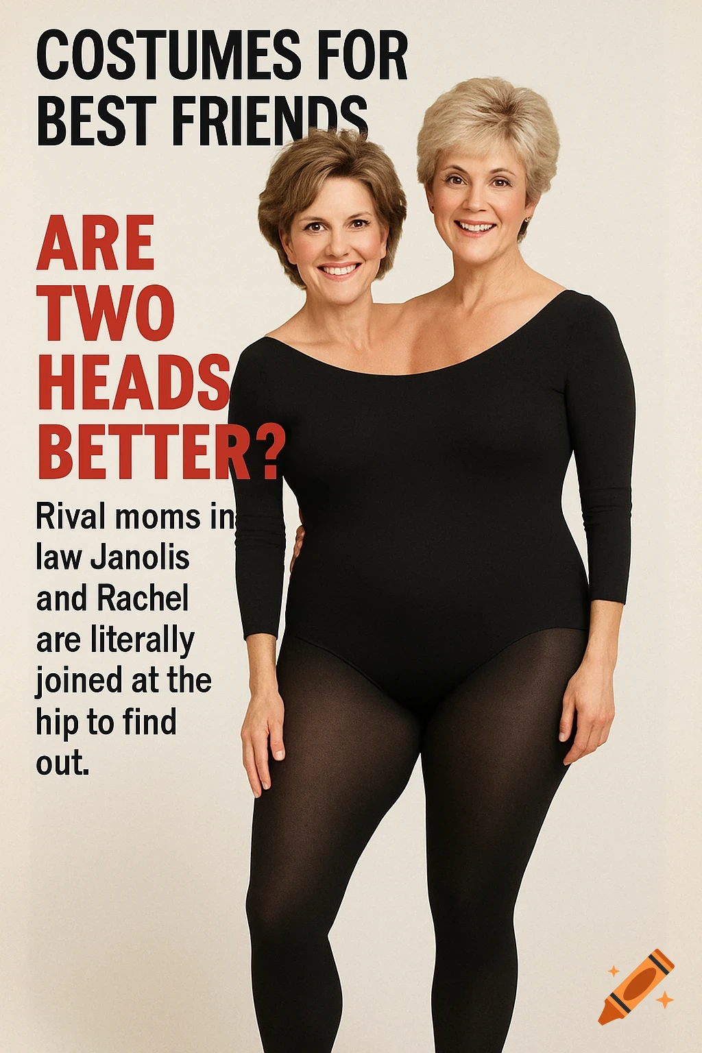 Two smiling women merged into one body, wearing a black leotard and tights, posed against a light background with text that reads "COSTUMES FOR BEST FRIENDS ARE TWO HEADS BETTER?"