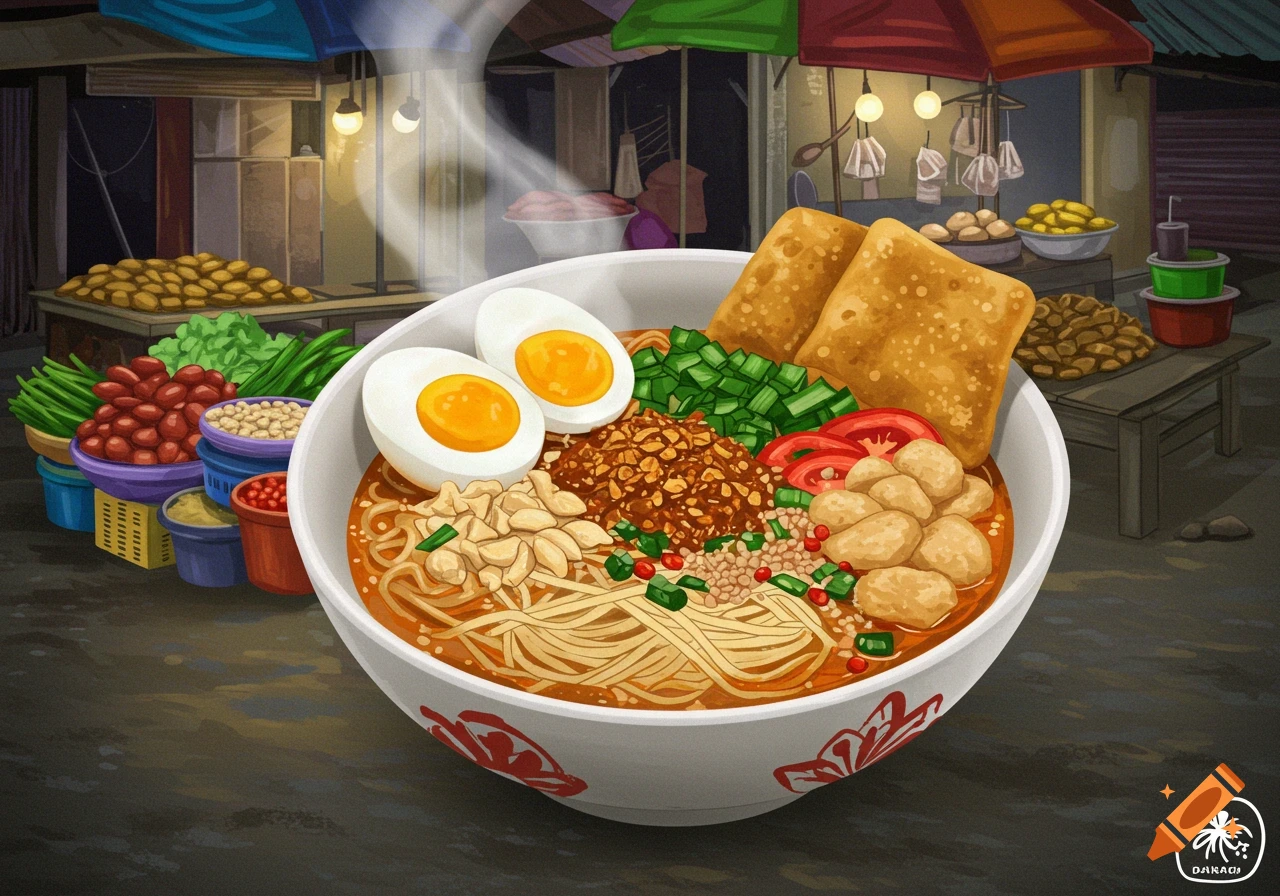 An illustration of a large bowl of ramen noodles with boiled eggs, meat, and vegetables, set in front of a bustling night market food stall.