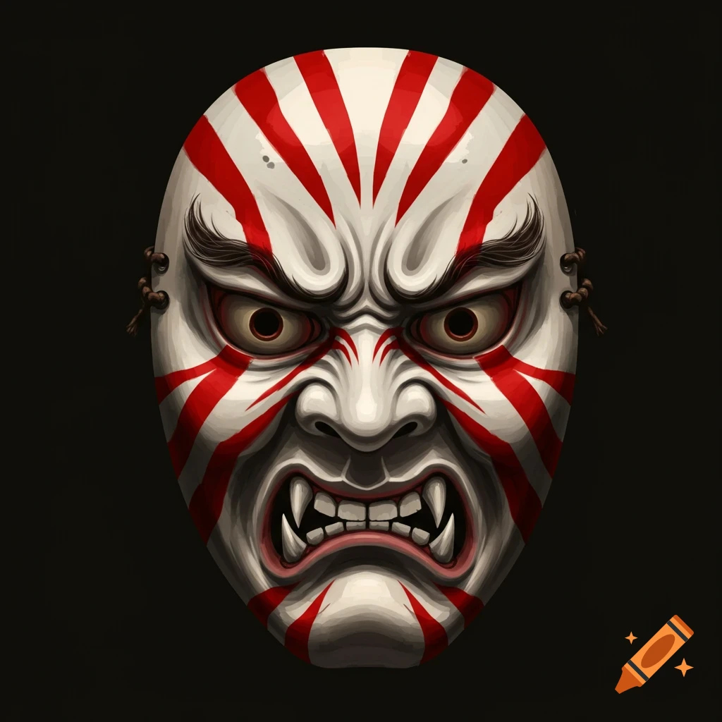A white porcelain rage mask with angry features, red stripes, and fangs, on a black background.
