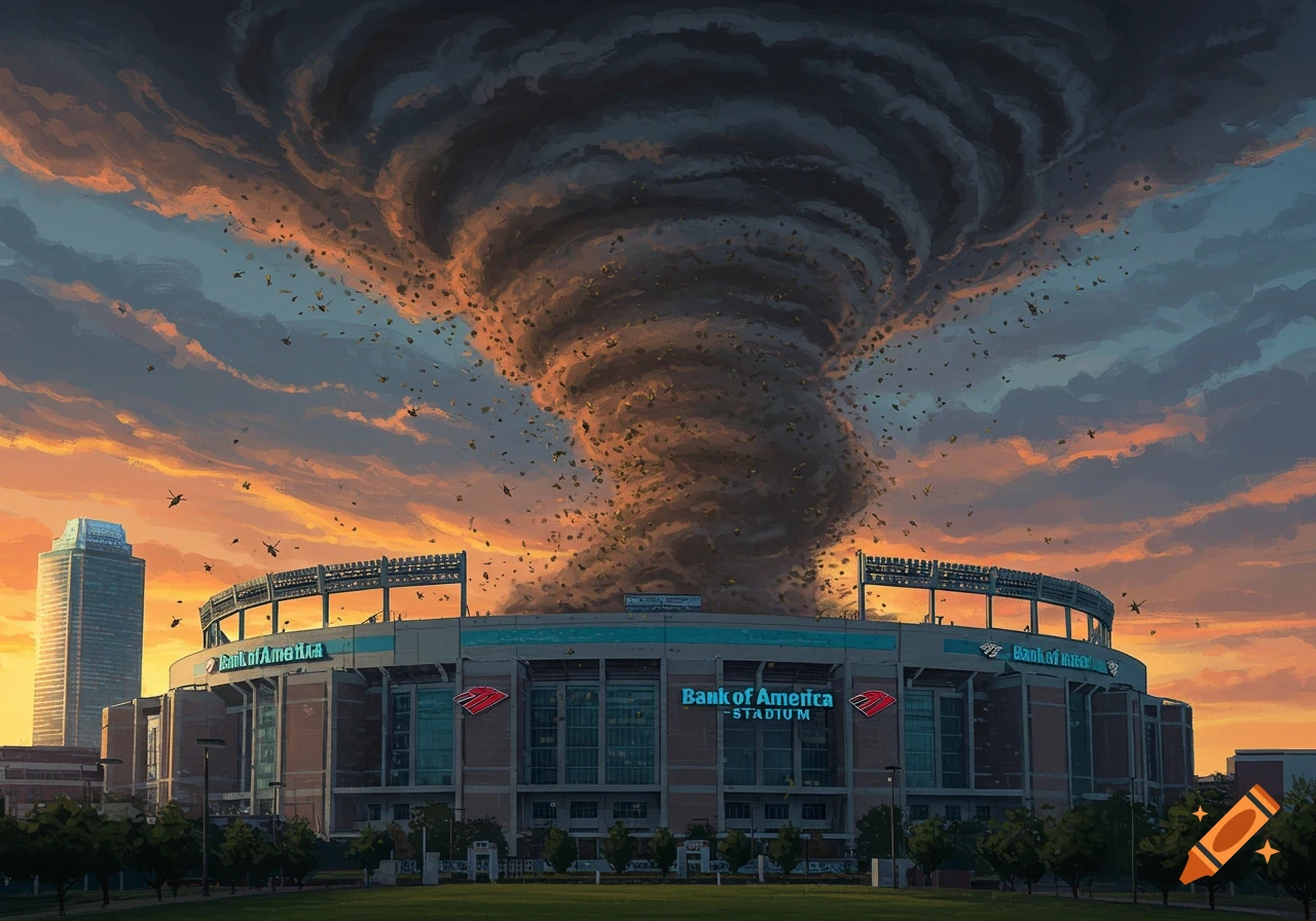 A huge dark tornado filled with wasps descends upon the Bank of America stadium at sunset, with an orange and blue sky.