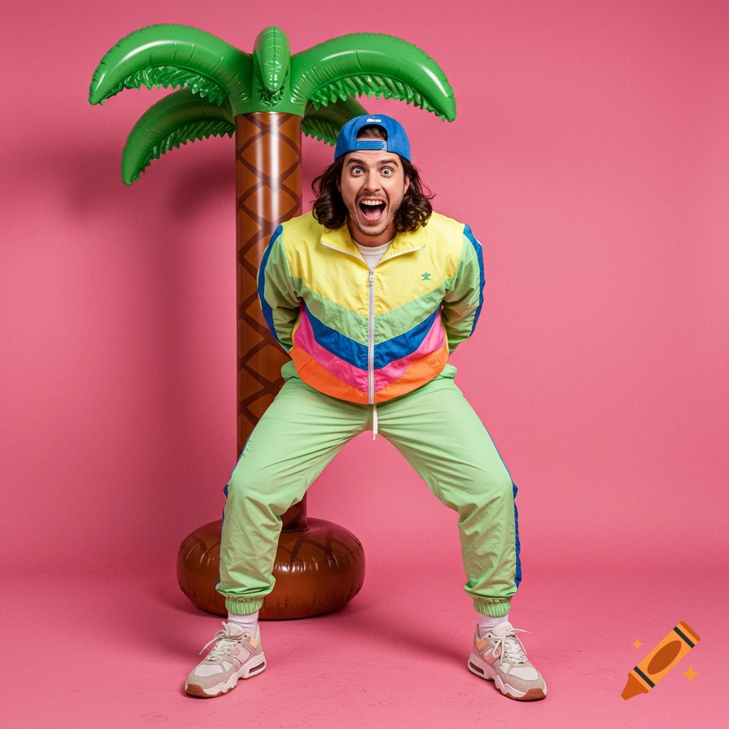 A man in a colorful 80s-style tracksuit and blue cap poses in front of an inflatable palm tree on a pink background.