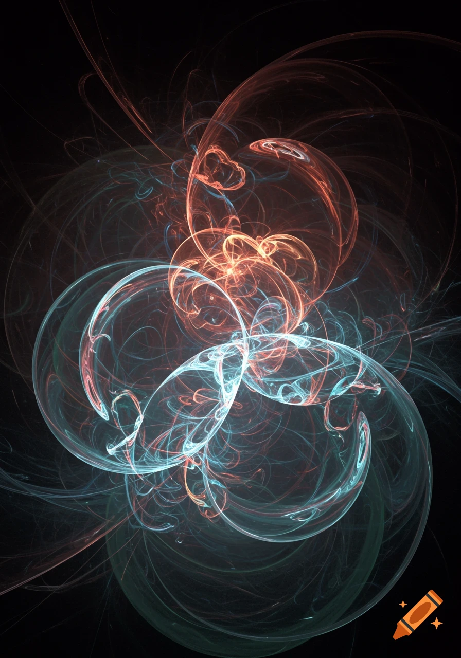 Abstract swirling fractal patterns in glowing teal, blue, and orange against a dark background.