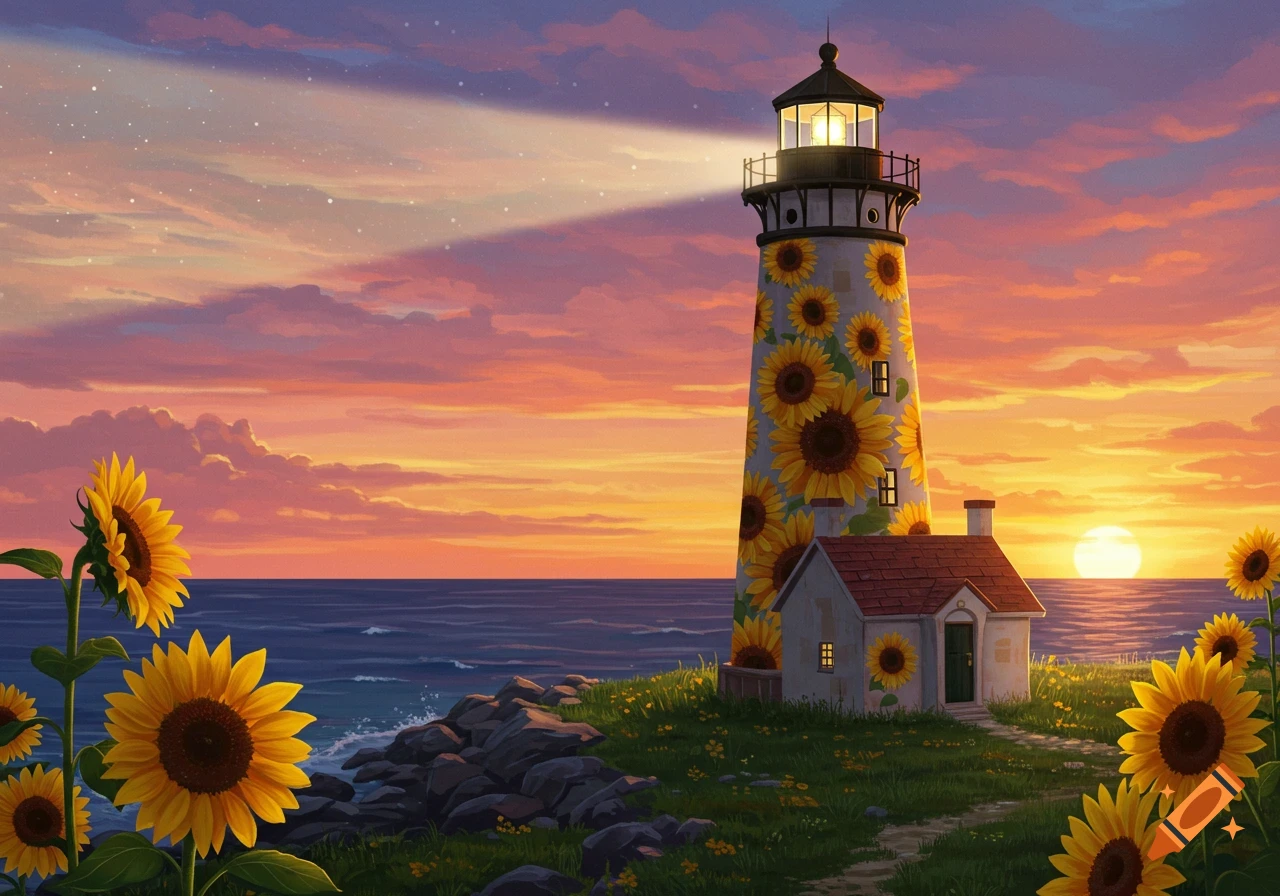 An illustrative lighthouse covered in sunflowers on a cliff by the ocean at sunset, with a vibrant sky.