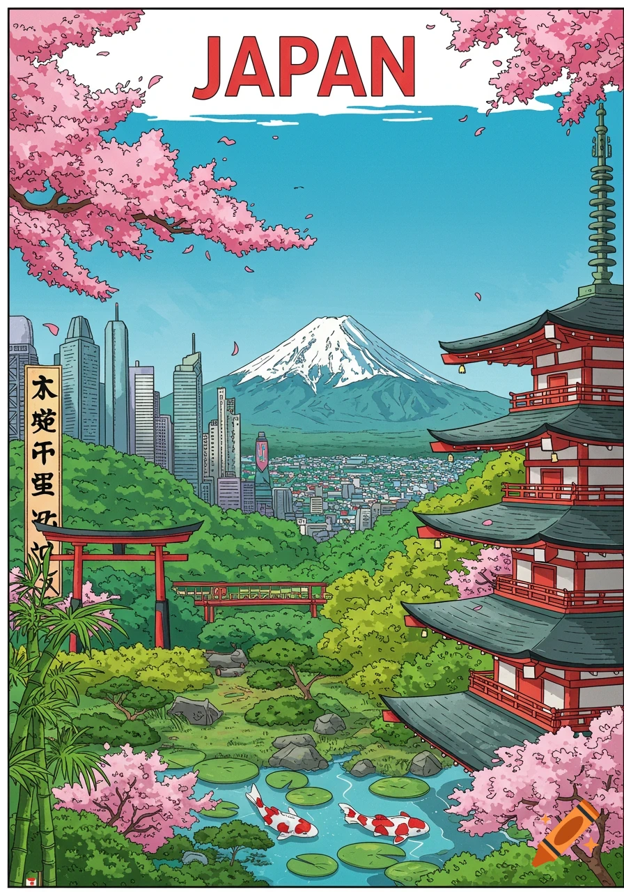 Colorful illustration of a Japanese landscape with Mount Fuji, cherry blossoms, a pagoda, torii gates, and a city skyline.