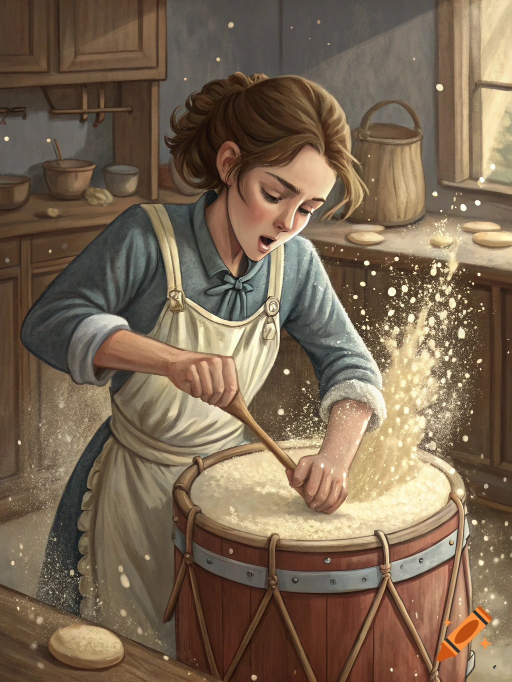 A woman in an apron stirs a large wooden drum full of flour in a rustic kitchen.