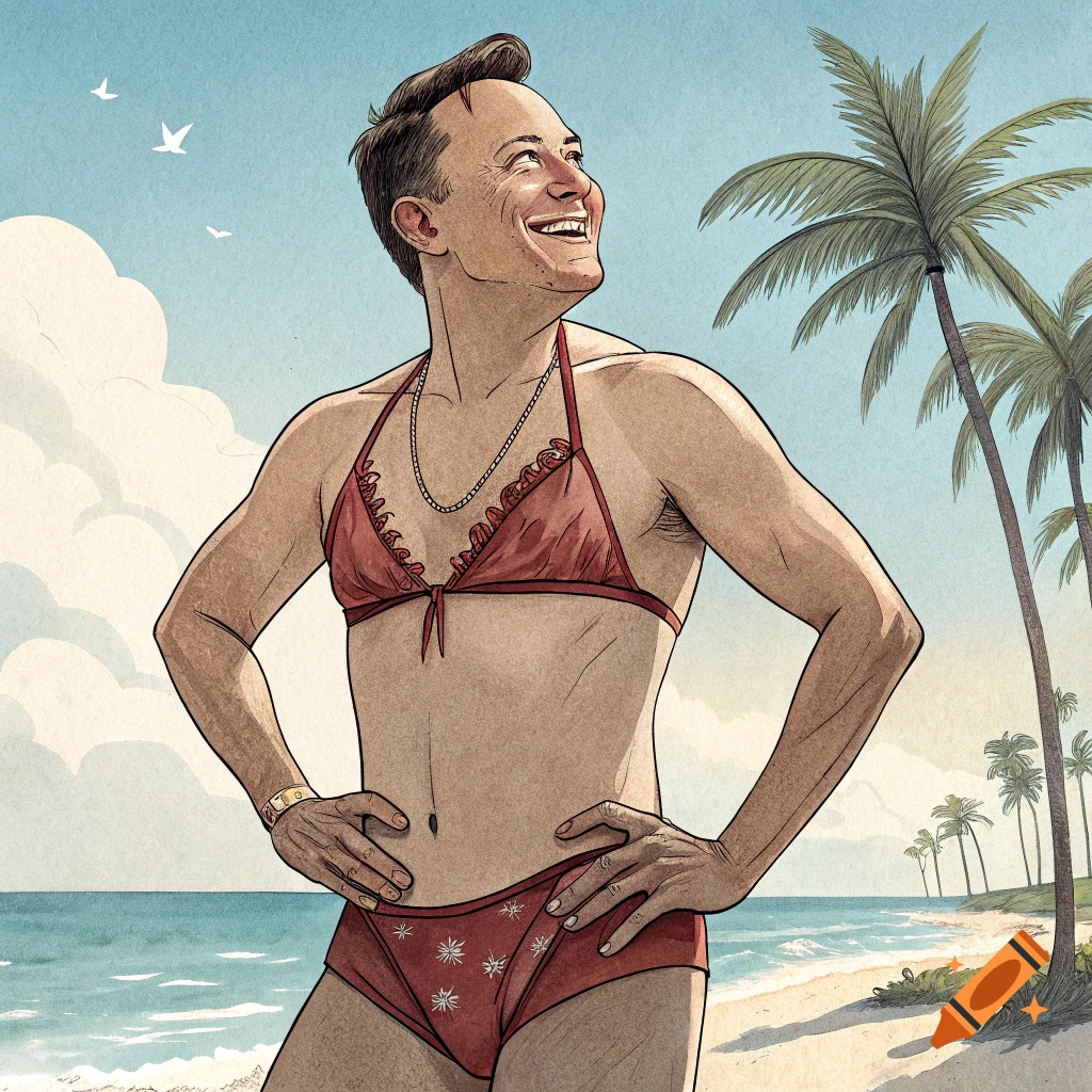 Illustrated depiction of Elon Musk smiling in a red bikini on a tropical beach.