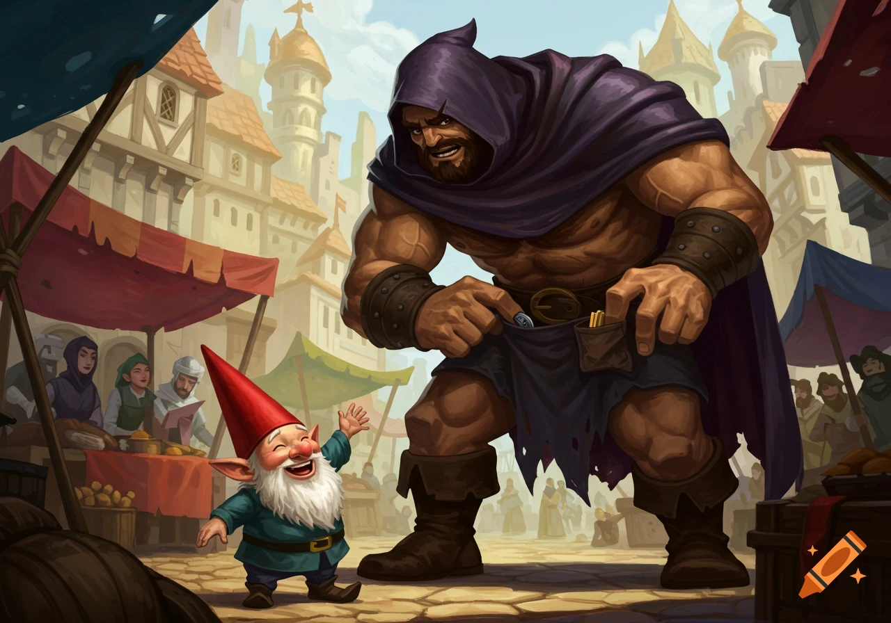 A large, hooded goliath reaches into his torn pocket as a cheerful gnome in a red hat laughs and waves in a fantasy market.