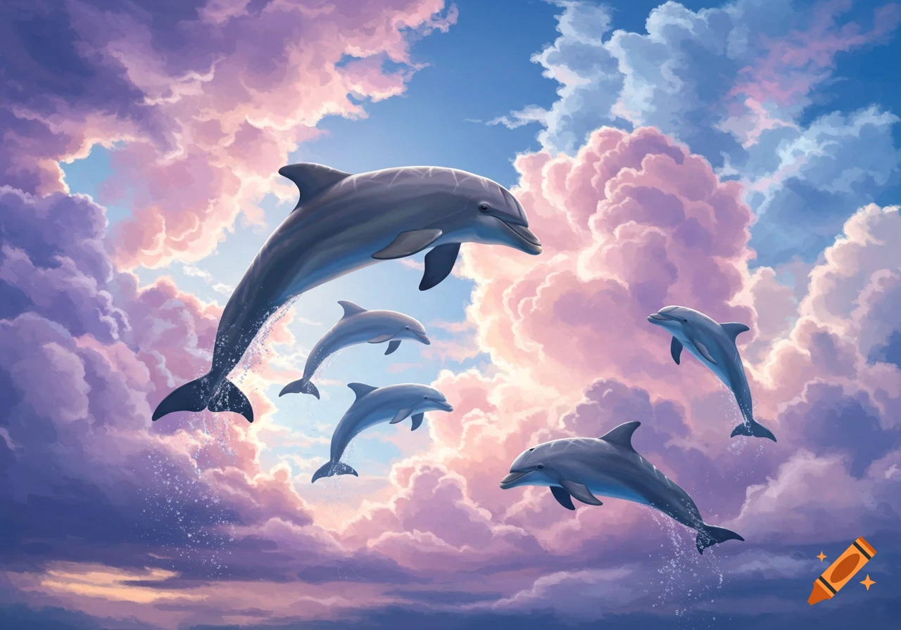 Five dolphins gracefully leap through a pastel pink and purple sky filled with cotton candy clouds.