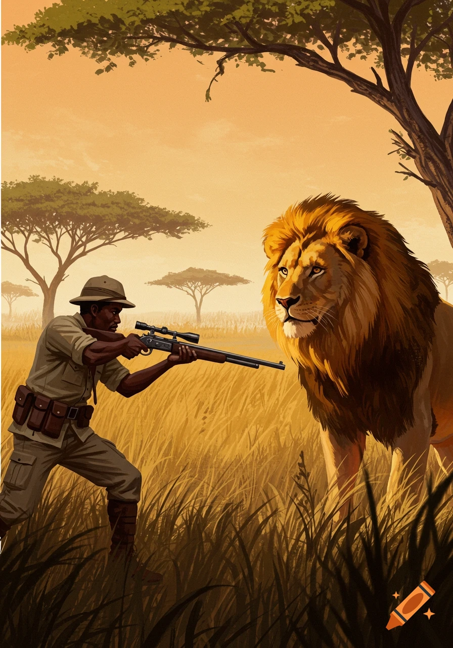 An illustration of a man in safari gear aiming a rifle at a large lion in a grassy savanna at sunset.