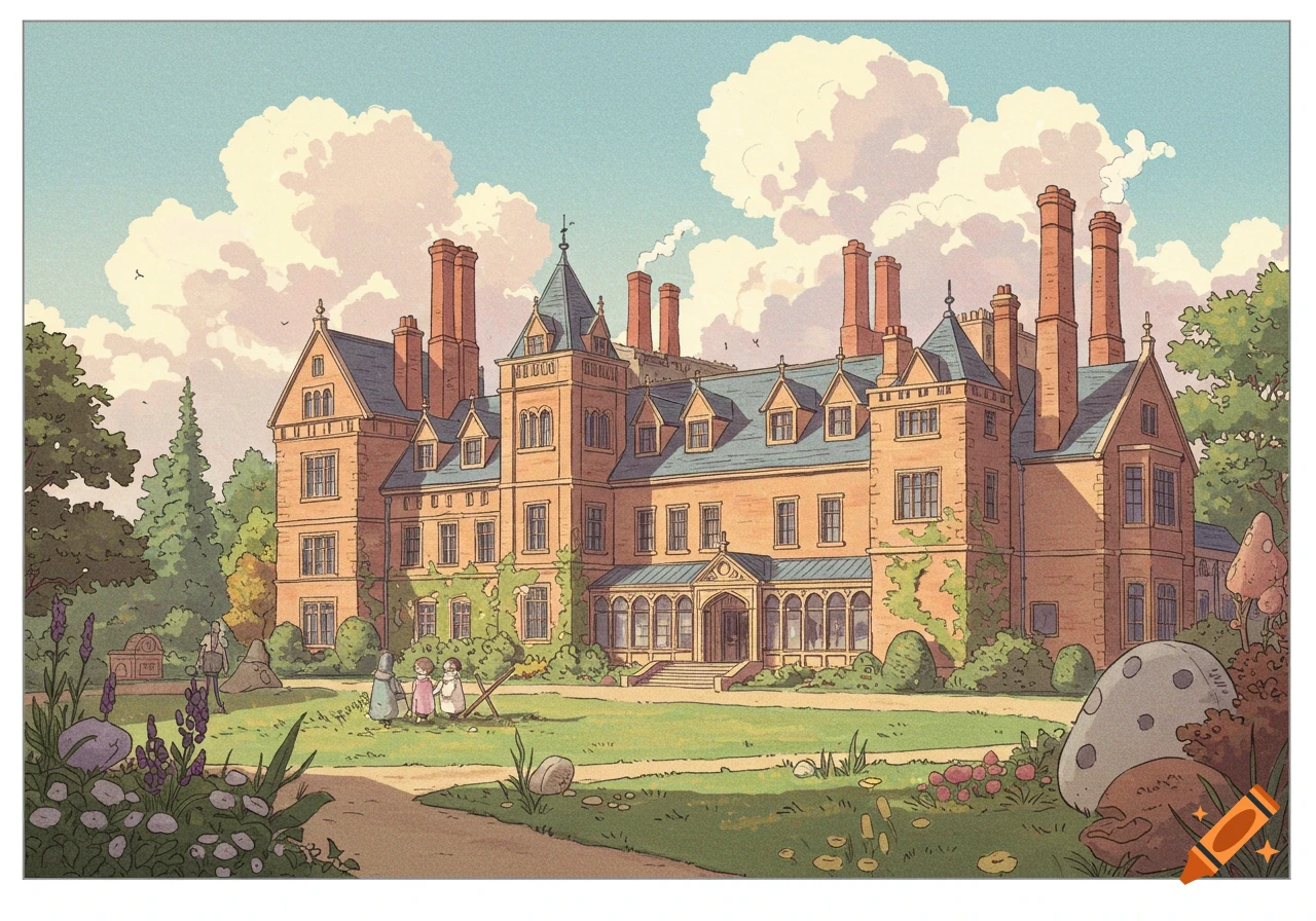 A whimsical animated-style depiction of a large, old manor house with a sprawling garden and children playing on the lawn.