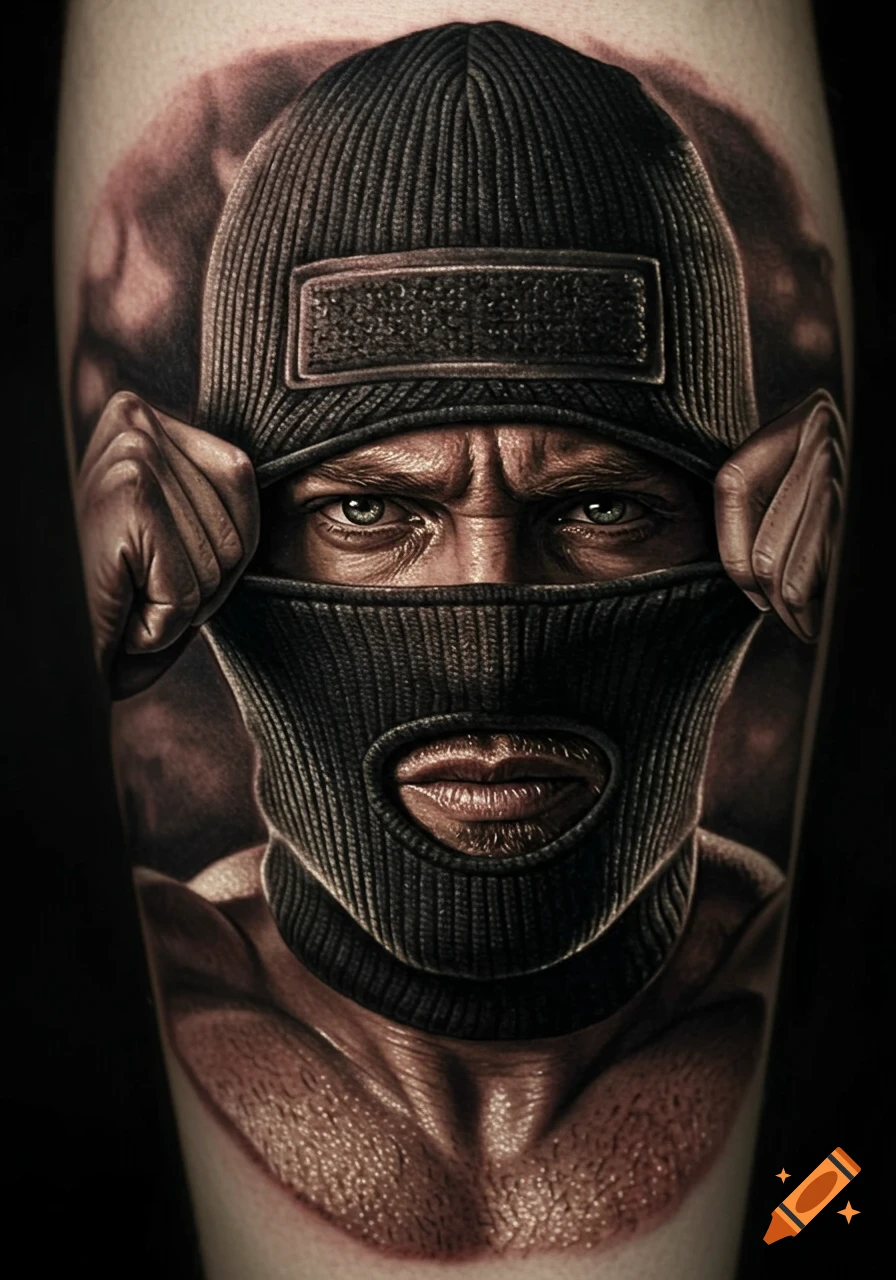 A highly detailed photorealistic tattoo of a man with intense eyes pulling a black ski mask down from his face.