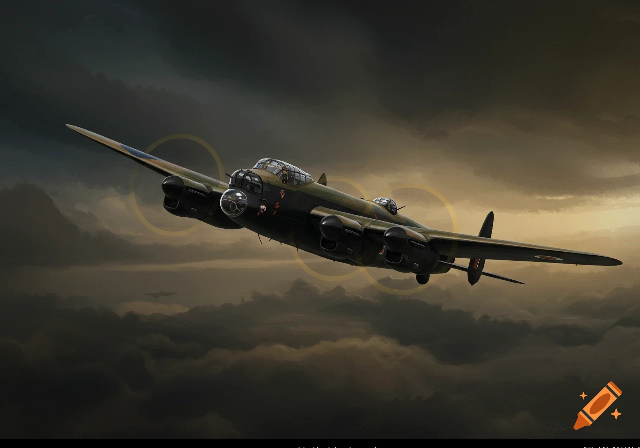 A detailed, realistic illustration of a Lancaster bomber flying through dark, cloudy skies at dusk.