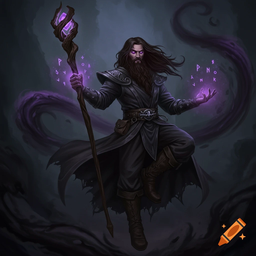 A male mage in dark robes with a long beard and glowing eyes floats, casting a spell with purple runes and holding a gnarled staff.