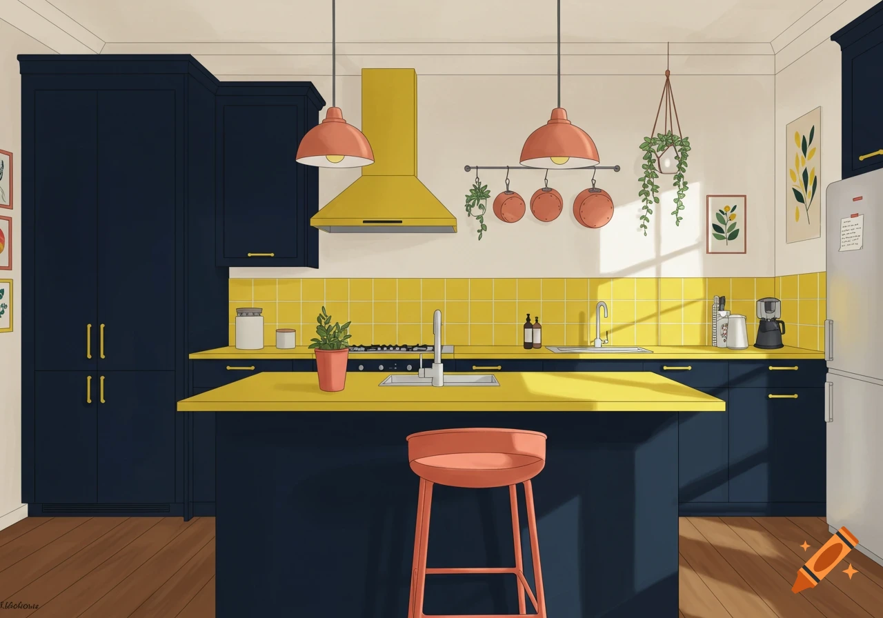 A stylized modern kitchen with dark blue cabinets, bright yellow countertops and backsplash, and coral orange light fixtures and bar stool.