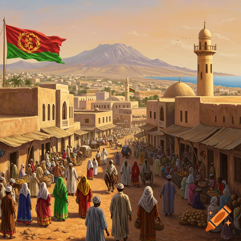 Painting of a bustling market in a traditional town, with a large Eritrean flag, adobe buildings, and mountains by the sea.