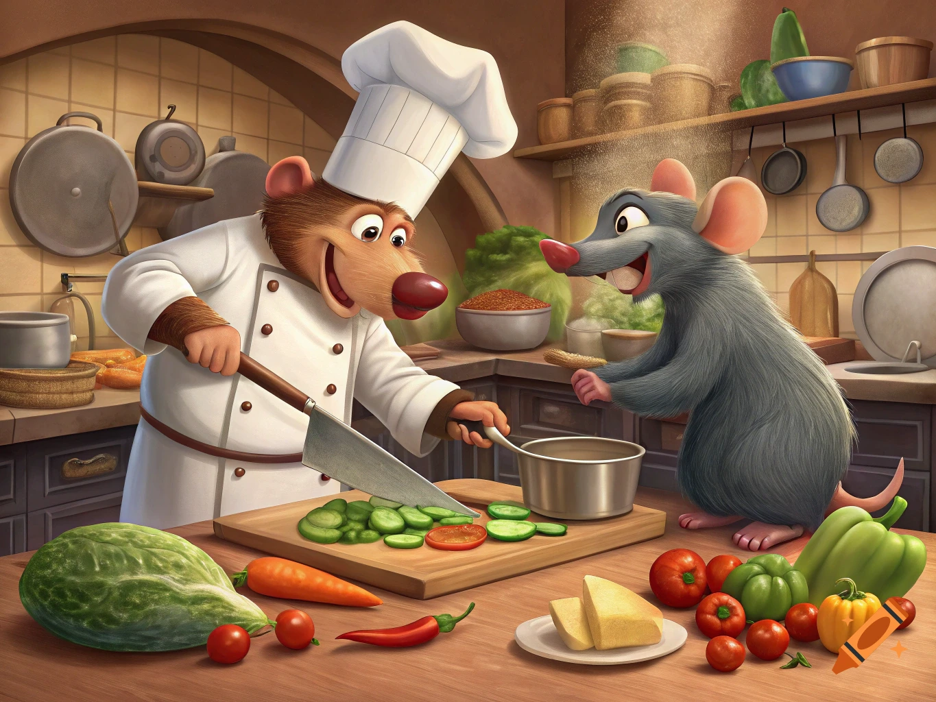 A cartoon bear chef chopping vegetables and a rat chef stirring a pot in a kitchen.
