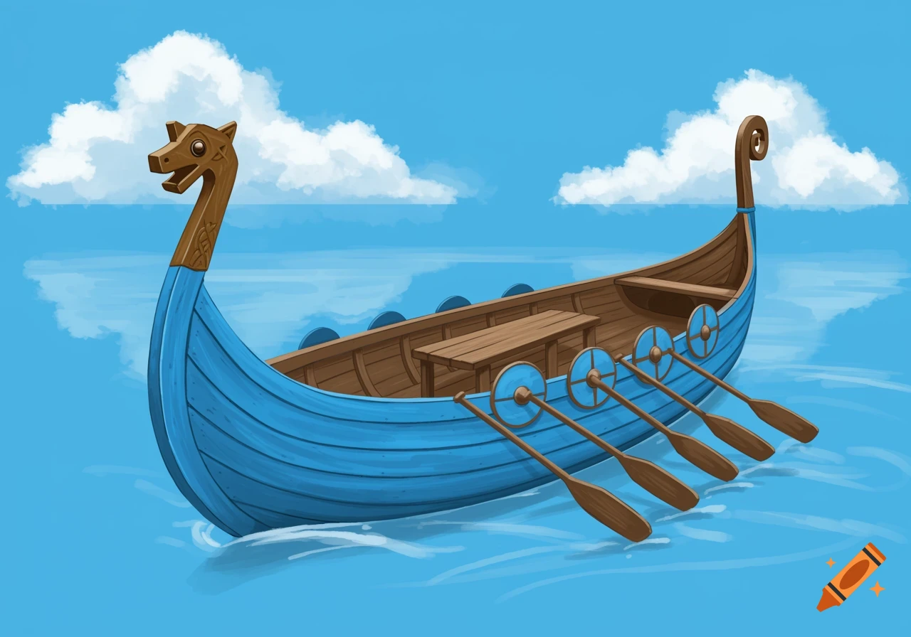 A simple, cartoon-style blue and brown Viking longboat with a dragon head and oars floats on water under a cloudy sky.