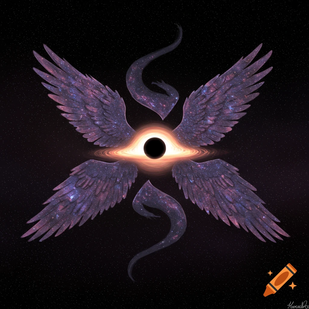 A cosmic seraphim with four large, two small wings and a black hole eye, set against a starry void.