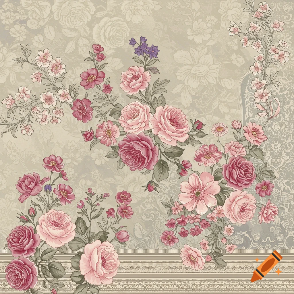 Elegant floral design with pink and maroon roses on a beige patterned background and a decorative border.