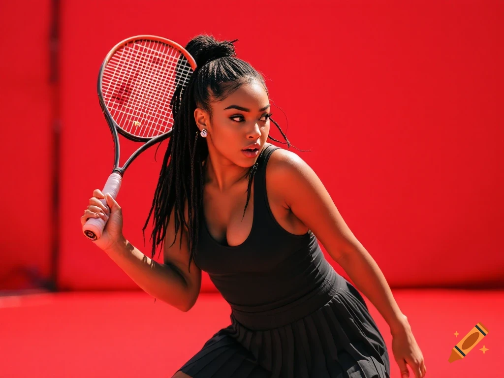 A woman with dreadlocks in a black tennis outfit holds a racket on a red court, looking ready to play.