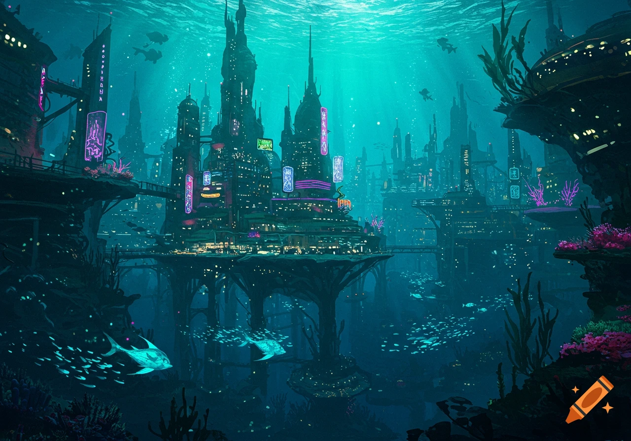 Vibrant underwater city with towering structures, glowing lights, and schools of fish swimming around coral reefs.