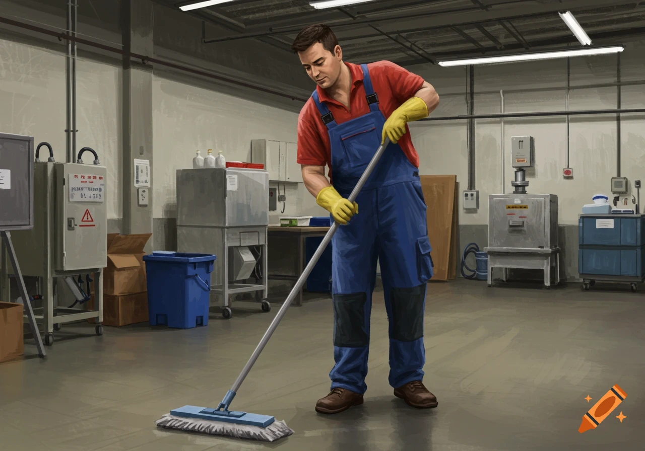 A man in blue overalls and a red shirt, wearing yellow gloves, mops the floor of a light industrial unit.
