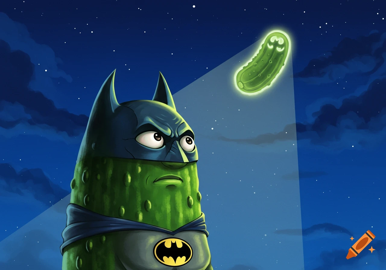 A cartoon pickle dressed as Batman looks up at a glowing pickle-shaped bat signal in the night sky.