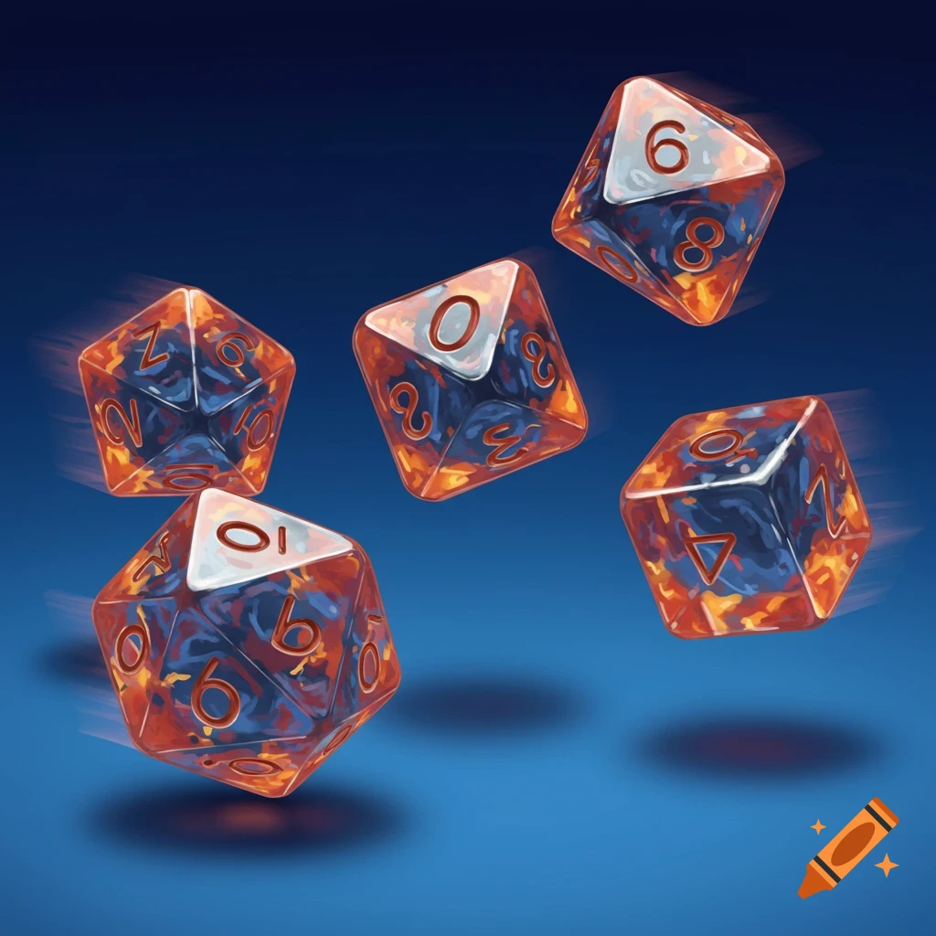 Five polyhedral dice with fiery and liquid patterns float and tumble against a dark blue background.