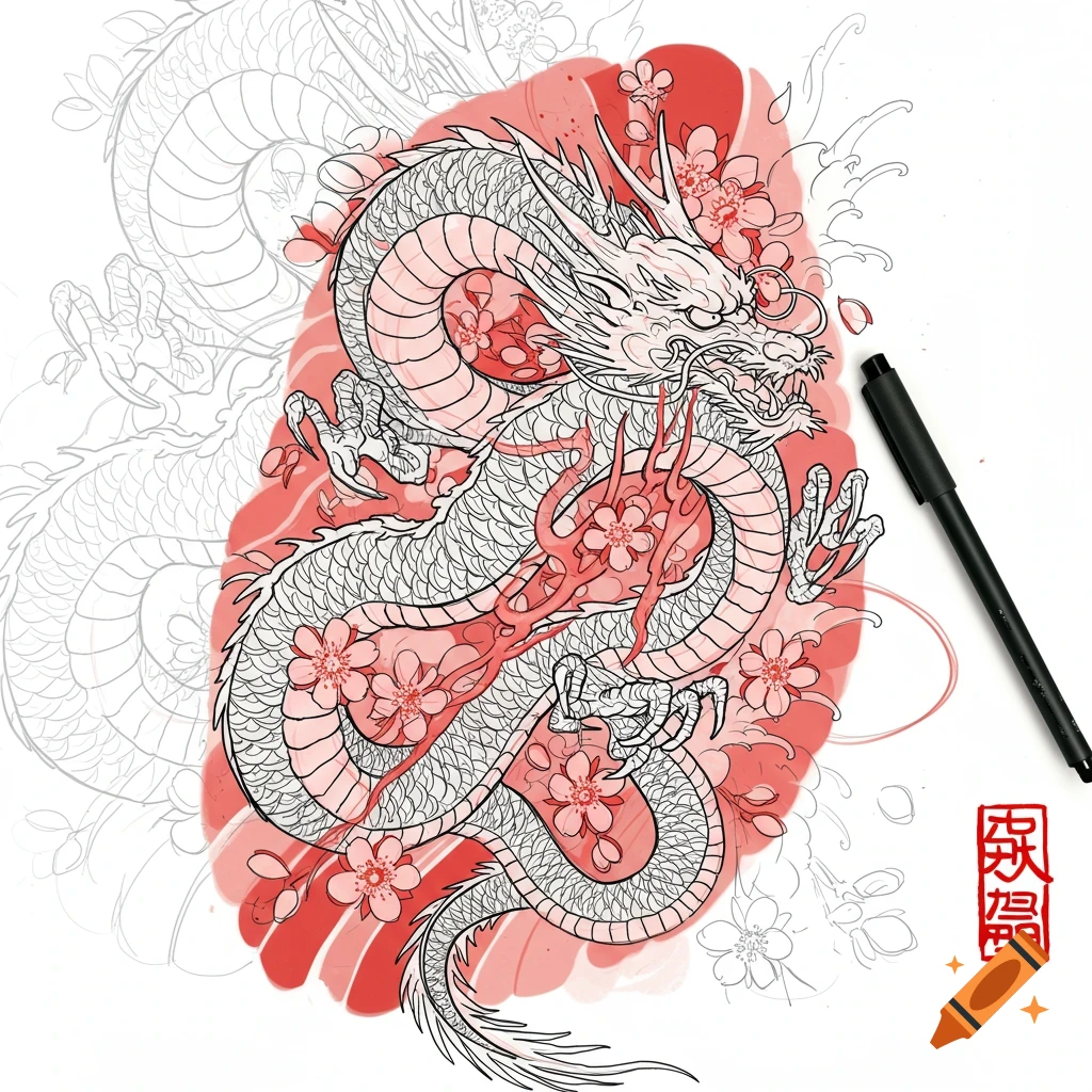 A detailed black and white sketch of a Japanese dragon with red cherry blossoms and waves, beside a black pen.