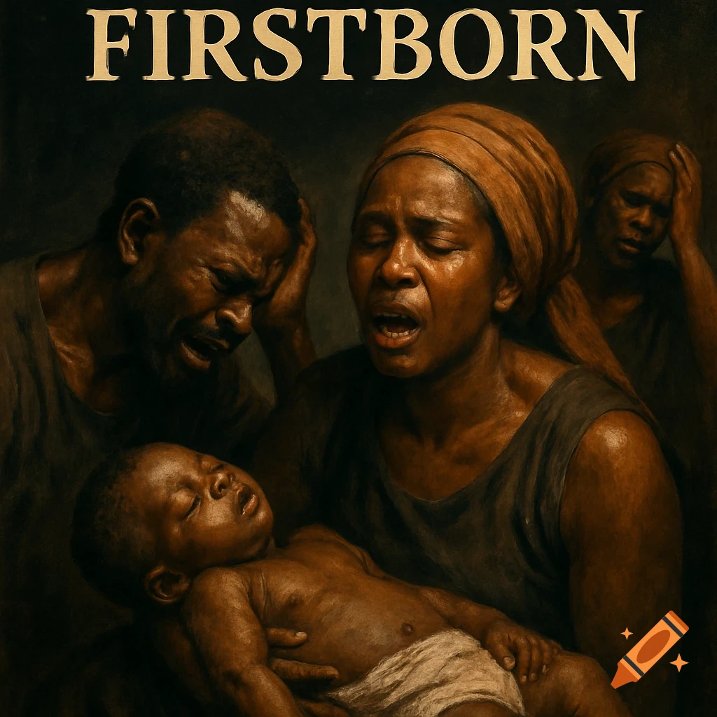 Painting of a grieving Black family, with parents holding their deceased child. 'FIRSTBORN' text is at the top.