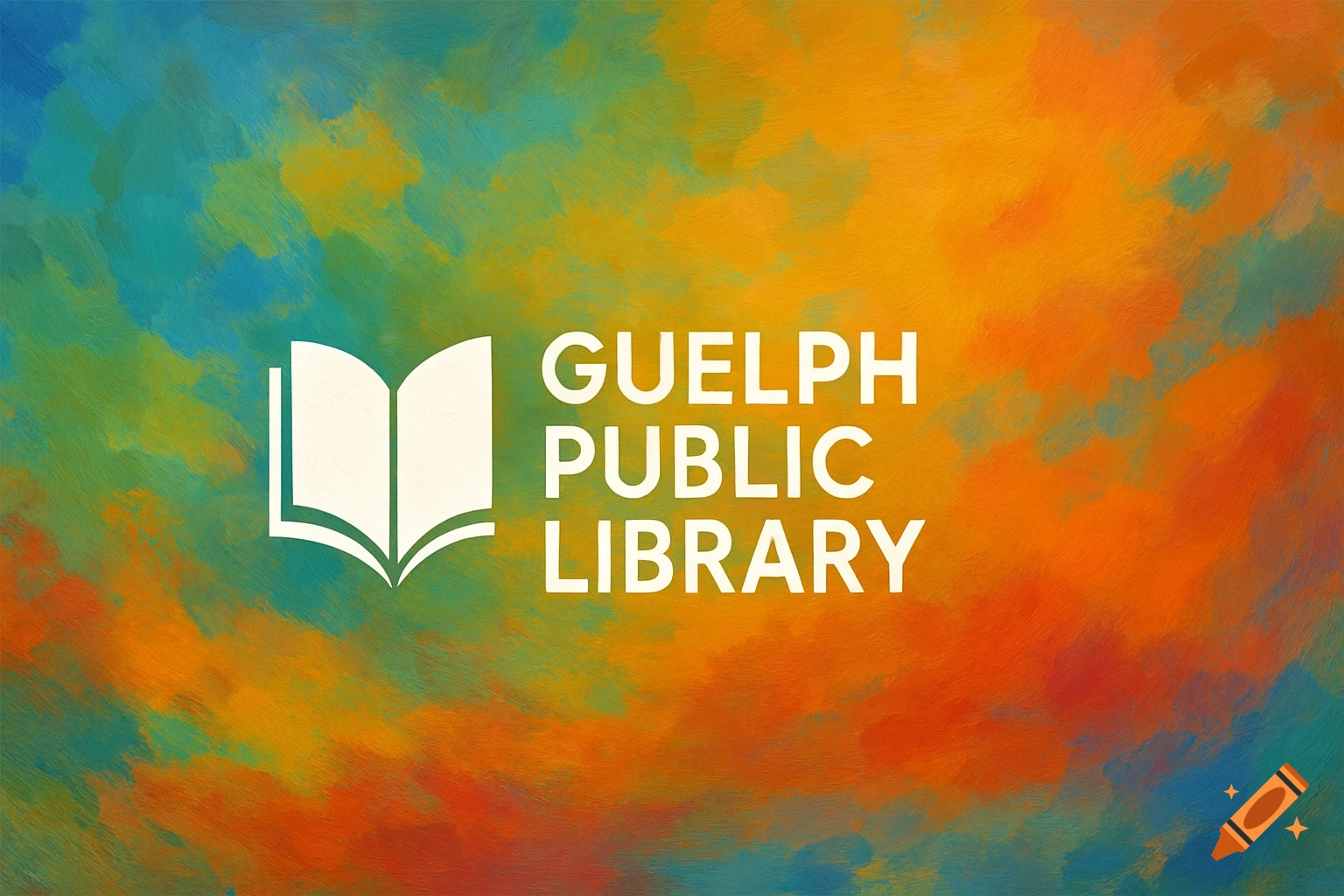 Guelph Public Library logo with an open book icon on a vibrant, colorful abstract background.