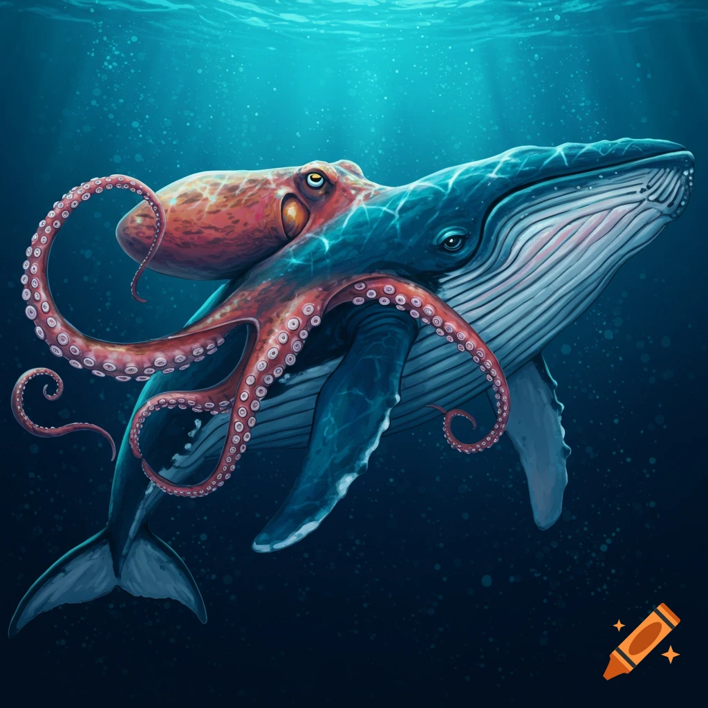 A large blue whale swims underwater with a red octopus riding on its back, rendered in a detailed illustration style.