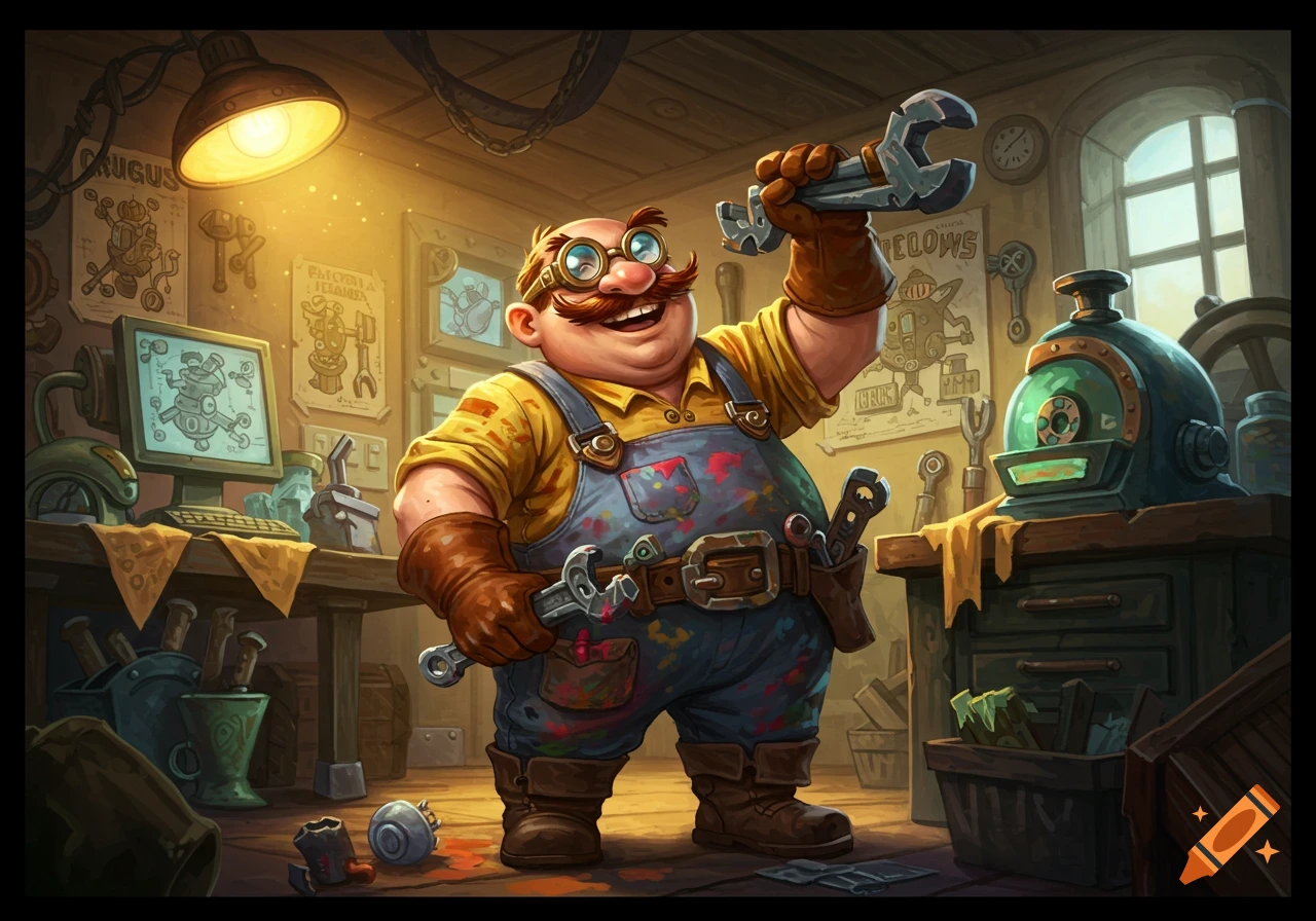 A cheerful, round cartoon mechanic in overalls and goggles holds a wrench in a cluttered workshop with tools and blueprints.